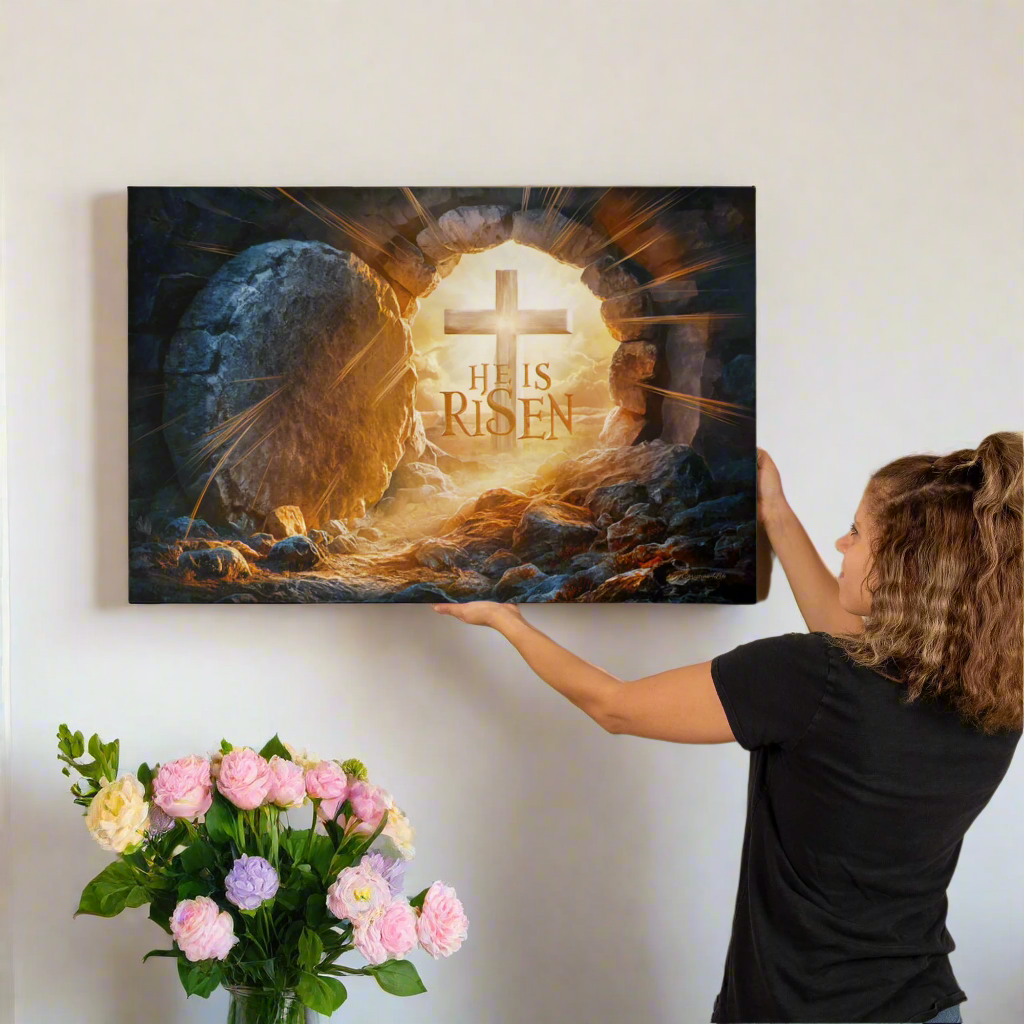 "He is Risen" -Open Tomb and Cross, Christian Gallery Wrapped Canvas, Easter Wall Art