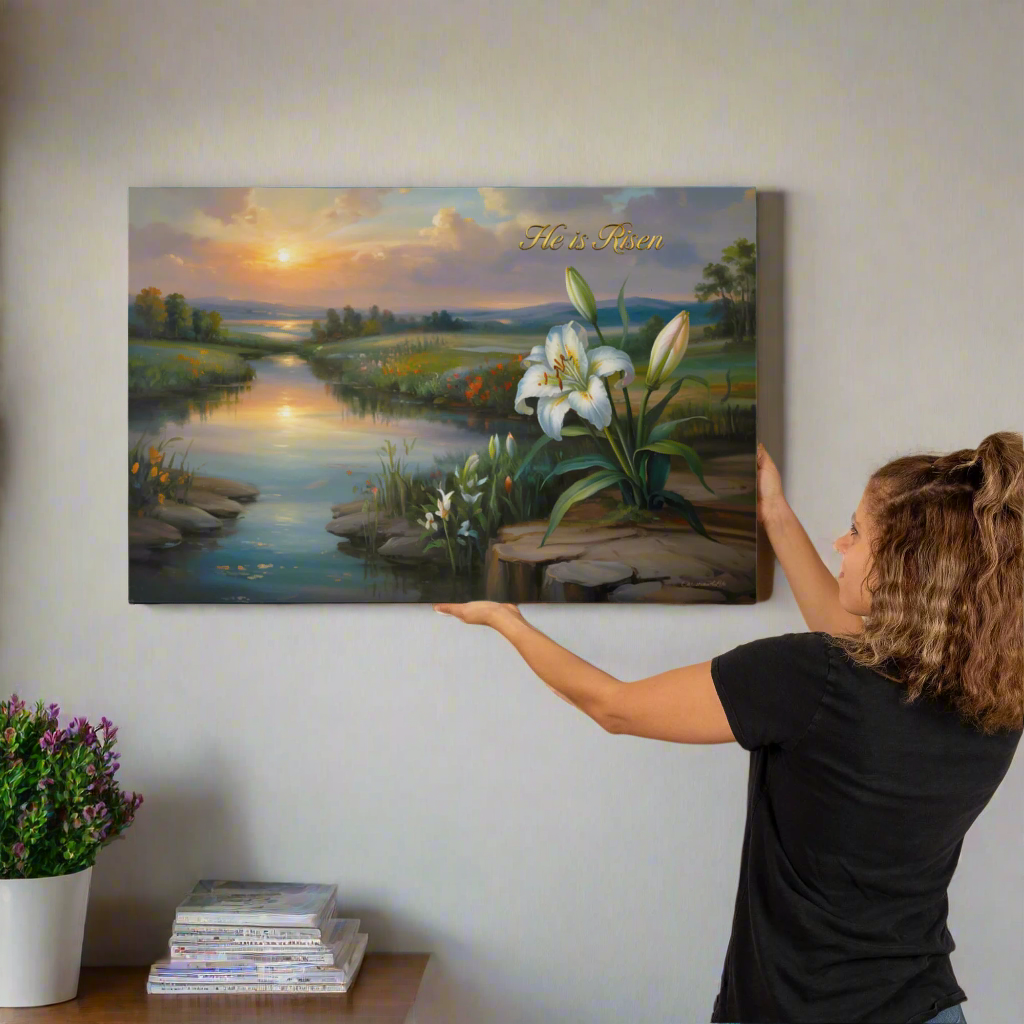 "He is Risen" - A serene sunrise landscape and lilies. Christian Easter wall art, Gallery wrapped Canvas