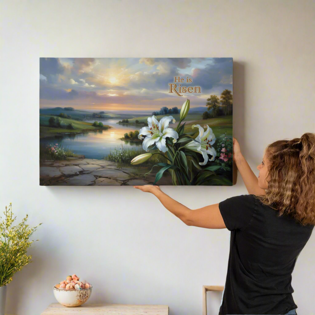"He is Risen" - A serene sunrise landscape and lilies. Christian Easter wall art, Gallery wrapped Canvas Print