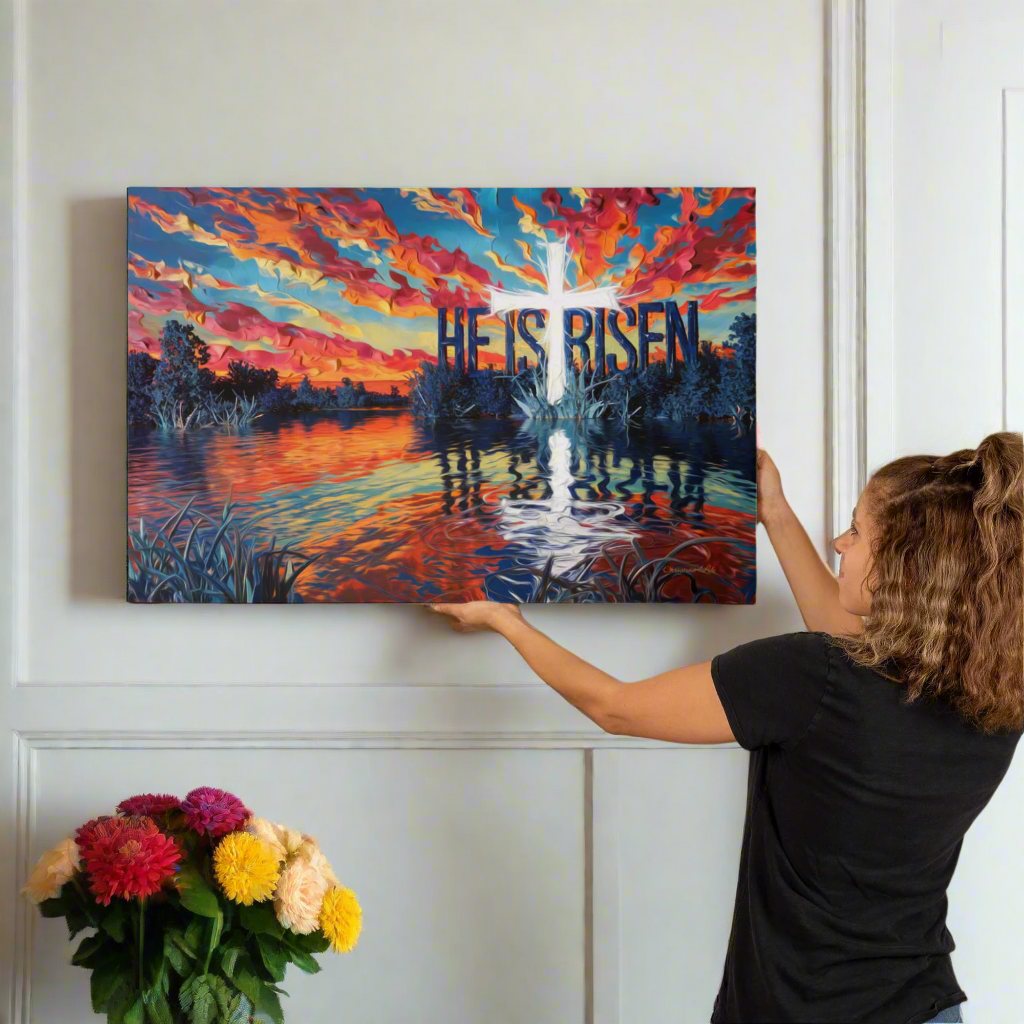 "He Is Risen" - Serene Lake Sunrise Scene with Cross Christian Gallery-Wrapped Canvas