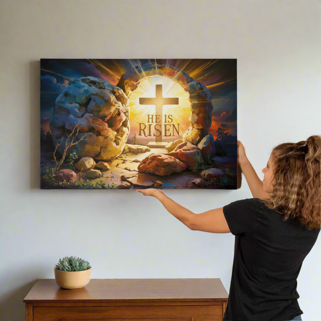 "He is Risen" - Open Tomb and Cross, Christian Gallery Wrapped Canvas, Easter Wall Art Print