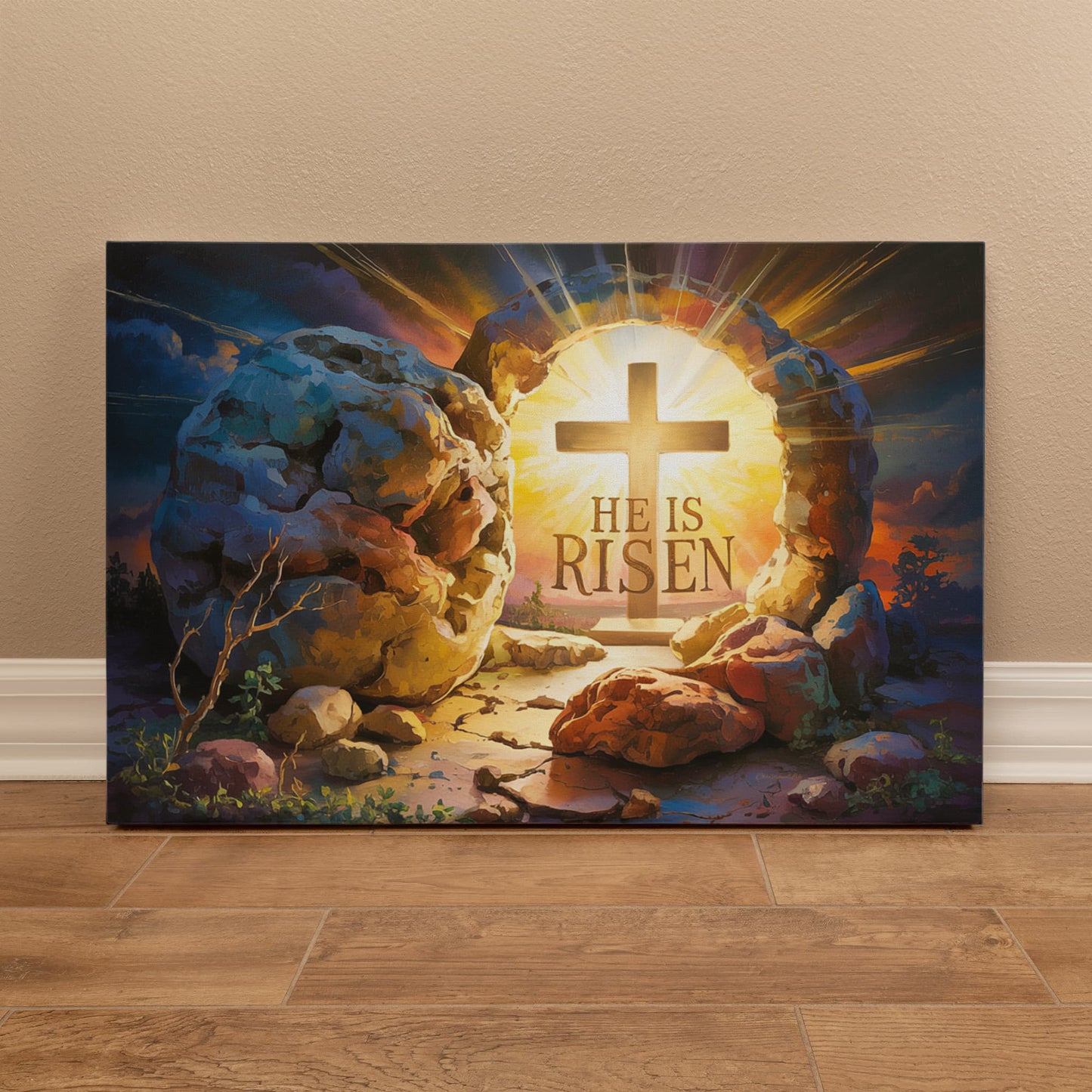 "He is Risen" - Open Tomb and Cross, Christian Gallery Wrapped Canvas, Easter Wall Art Print