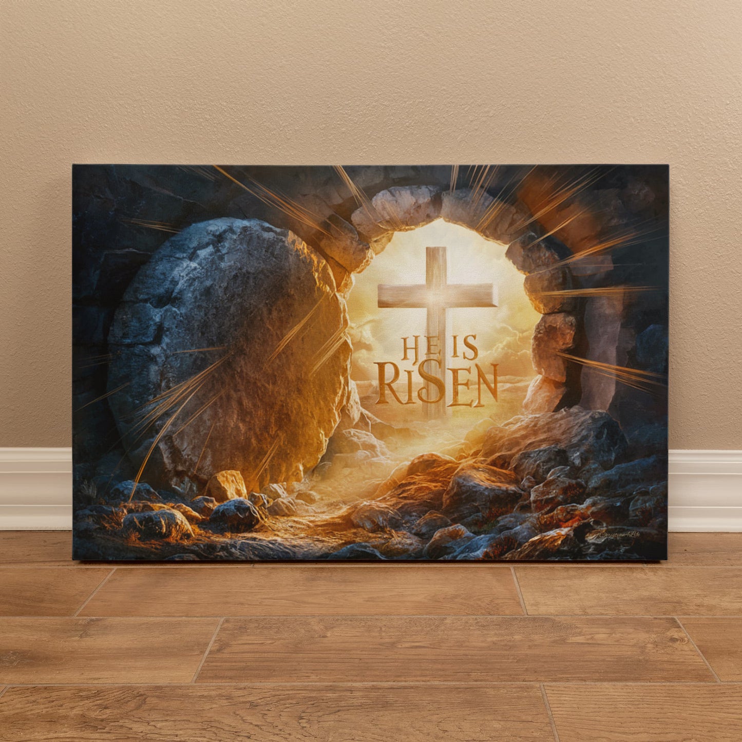 "He is Risen" -Open Tomb and Cross, Christian Gallery Wrapped Canvas, Easter Wall Art