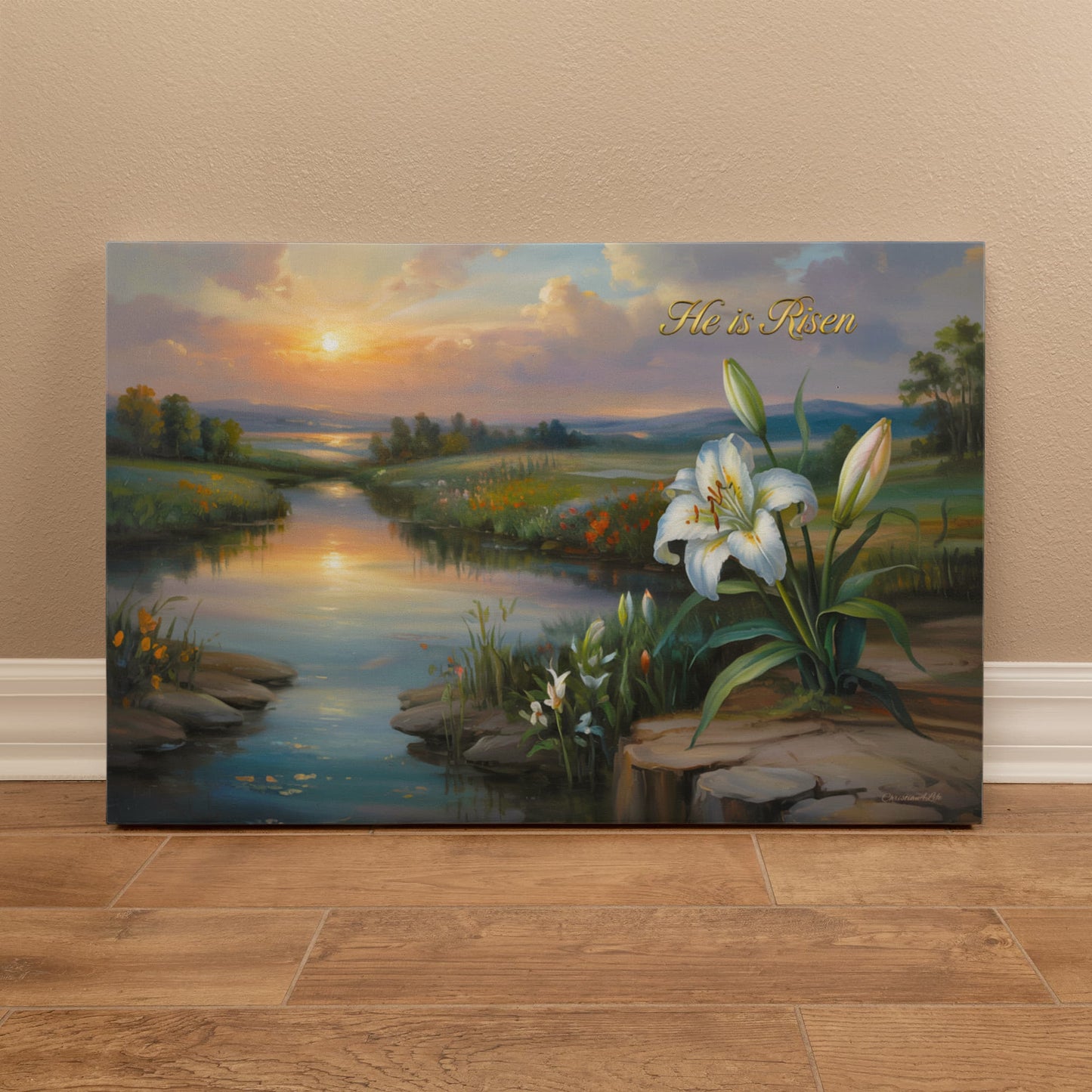 "He is Risen" - A serene sunrise landscape and lilies. Christian Easter wall art, Gallery wrapped Canvas