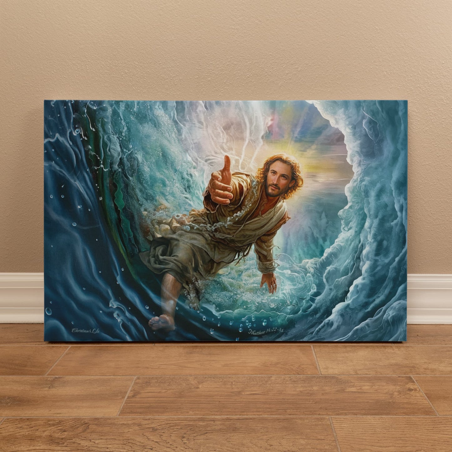 Jesus Reaches Down to Rescue and Lift You Out of the Water - Christian Gallery Wrapped Canvas Wall Art Print