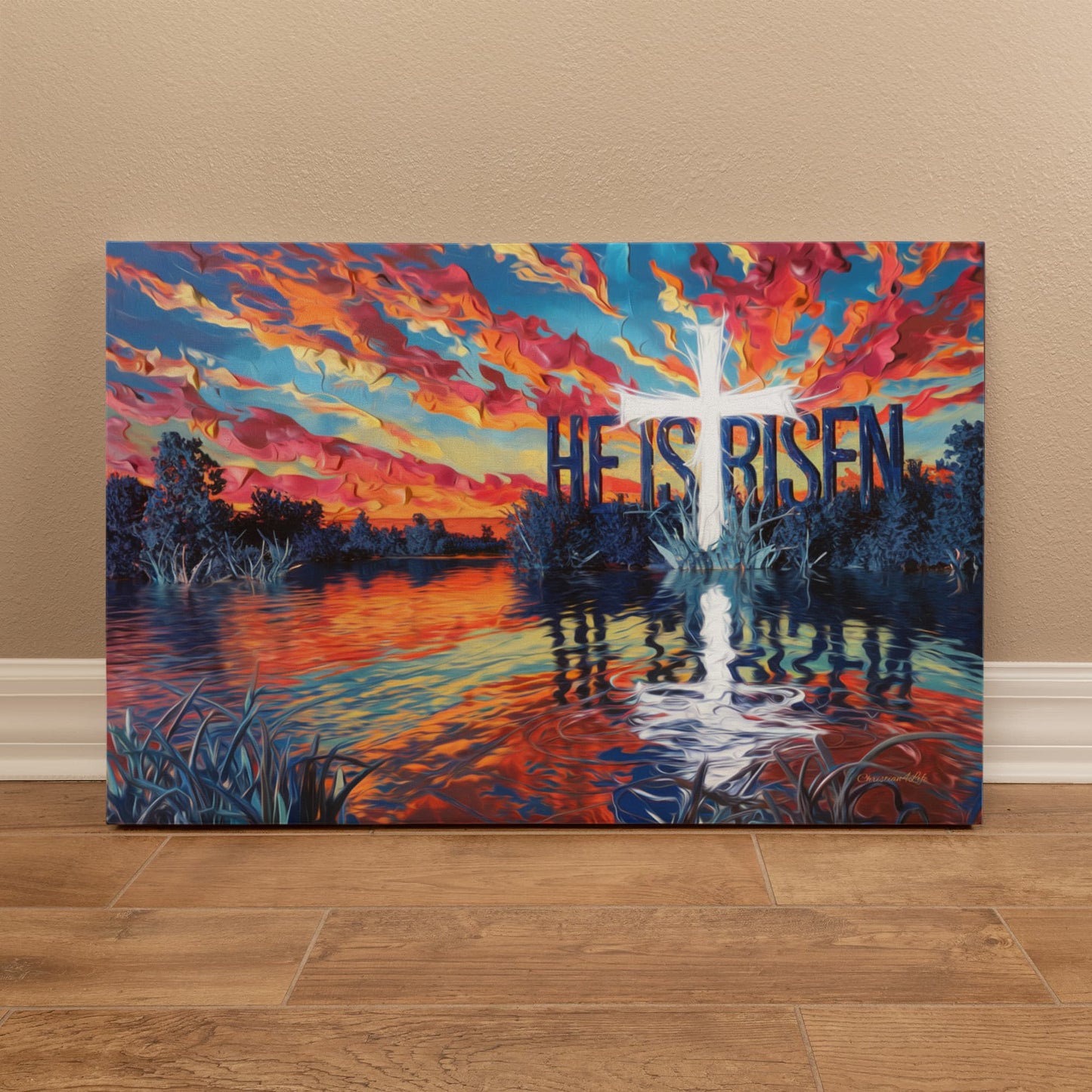 "He Is Risen" - Serene Lake Sunrise Scene with Cross Christian Gallery-Wrapped Canvas