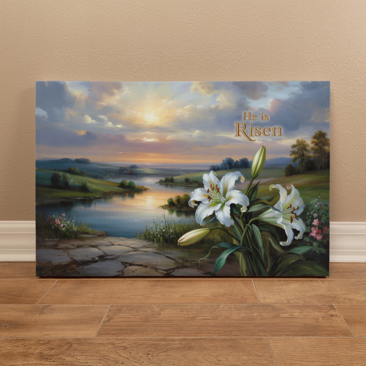 "He is Risen" - A serene sunrise landscape and lilies. Christian Easter wall art, Gallery wrapped Canvas Print