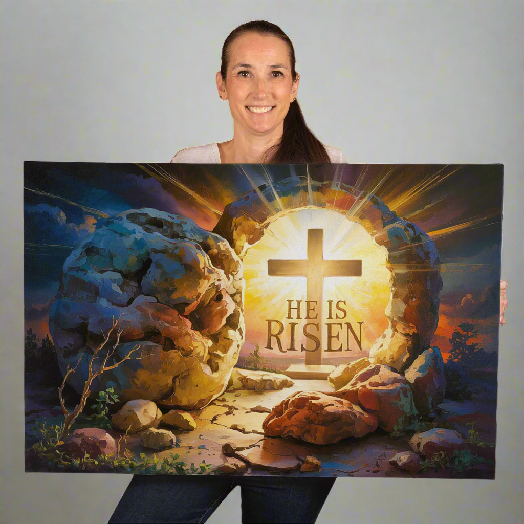 "He is Risen" - Open Tomb and Cross, Christian Gallery Wrapped Canvas, Easter Wall Art Print