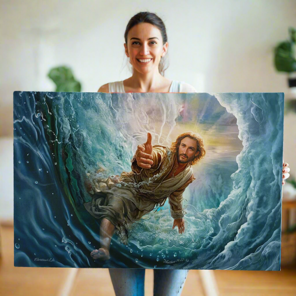 Jesus Reaches Down to Rescue and Lift You Out of the Water - Christian Gallery Wrapped Canvas Wall Art Print