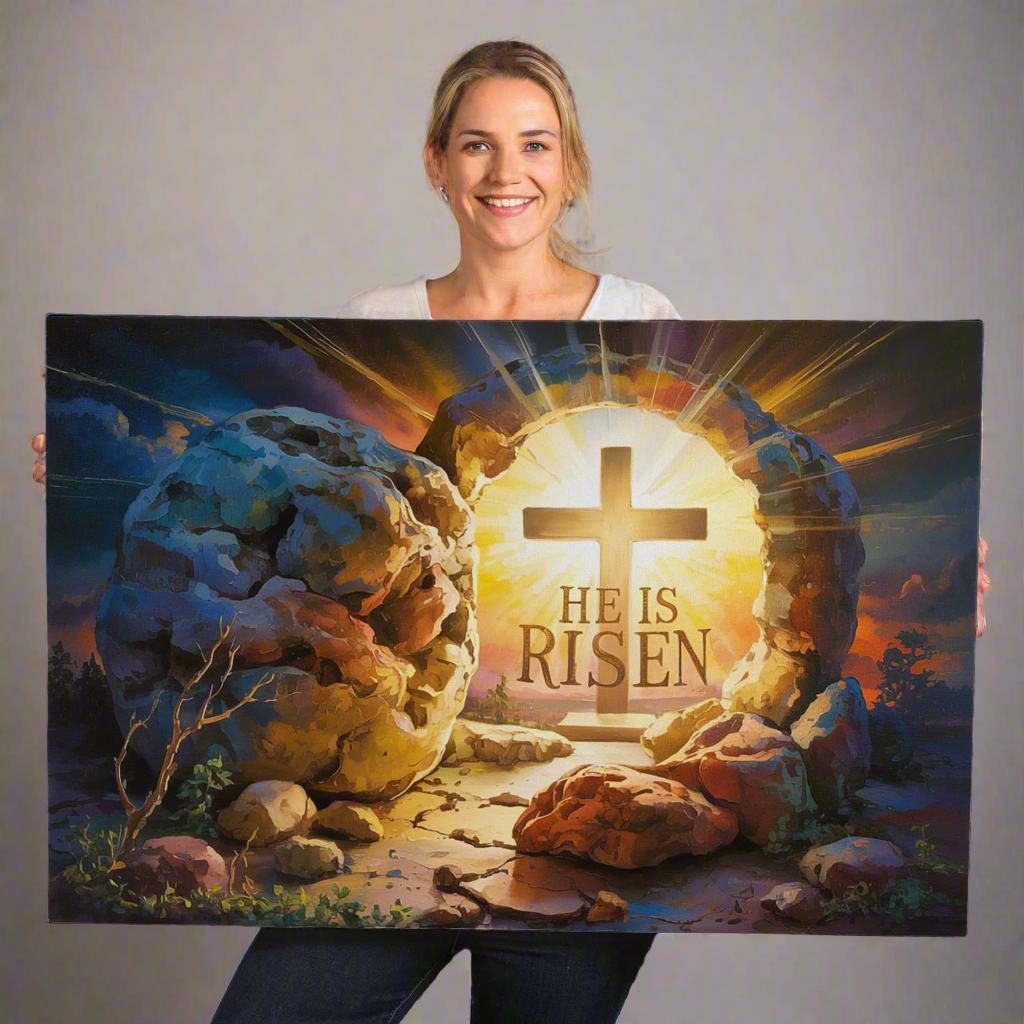 "He is Risen" - Open Tomb and Cross, Christian Gallery Wrapped Canvas, Easter Wall Art Print