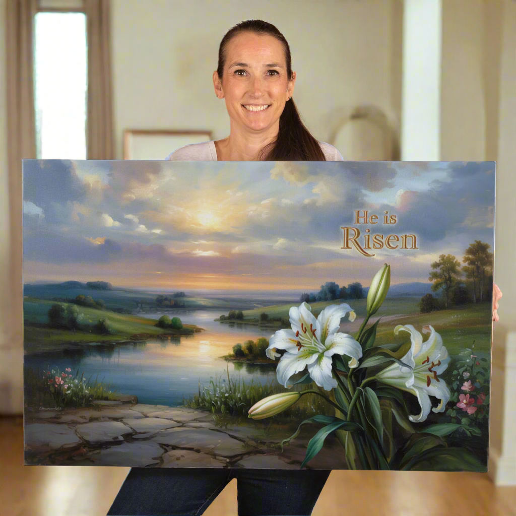 "He is Risen" - A serene sunrise landscape and lilies. Christian Easter wall art, Gallery wrapped Canvas Print