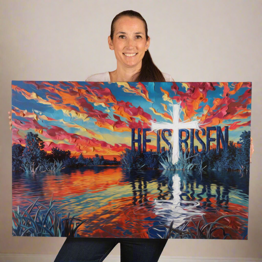 "He Is Risen" - Serene Lake Sunrise Scene with Cross Christian Gallery-Wrapped Canvas