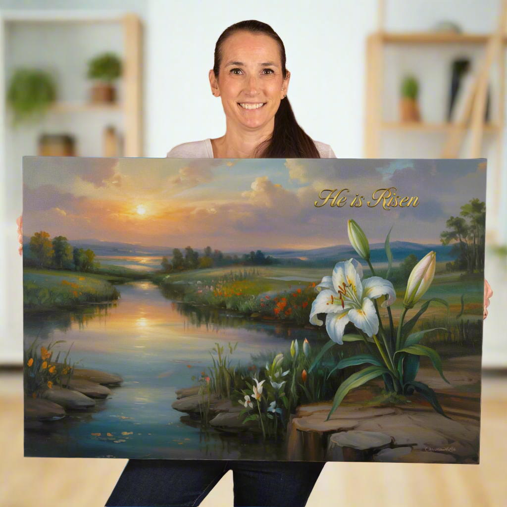"He is Risen" - A serene sunrise landscape and lilies. Christian Easter wall art, Gallery wrapped Canvas