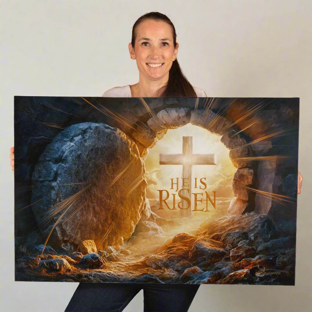 "He is Risen" -Open Tomb and Cross, Christian Gallery Wrapped Canvas, Easter Wall Art