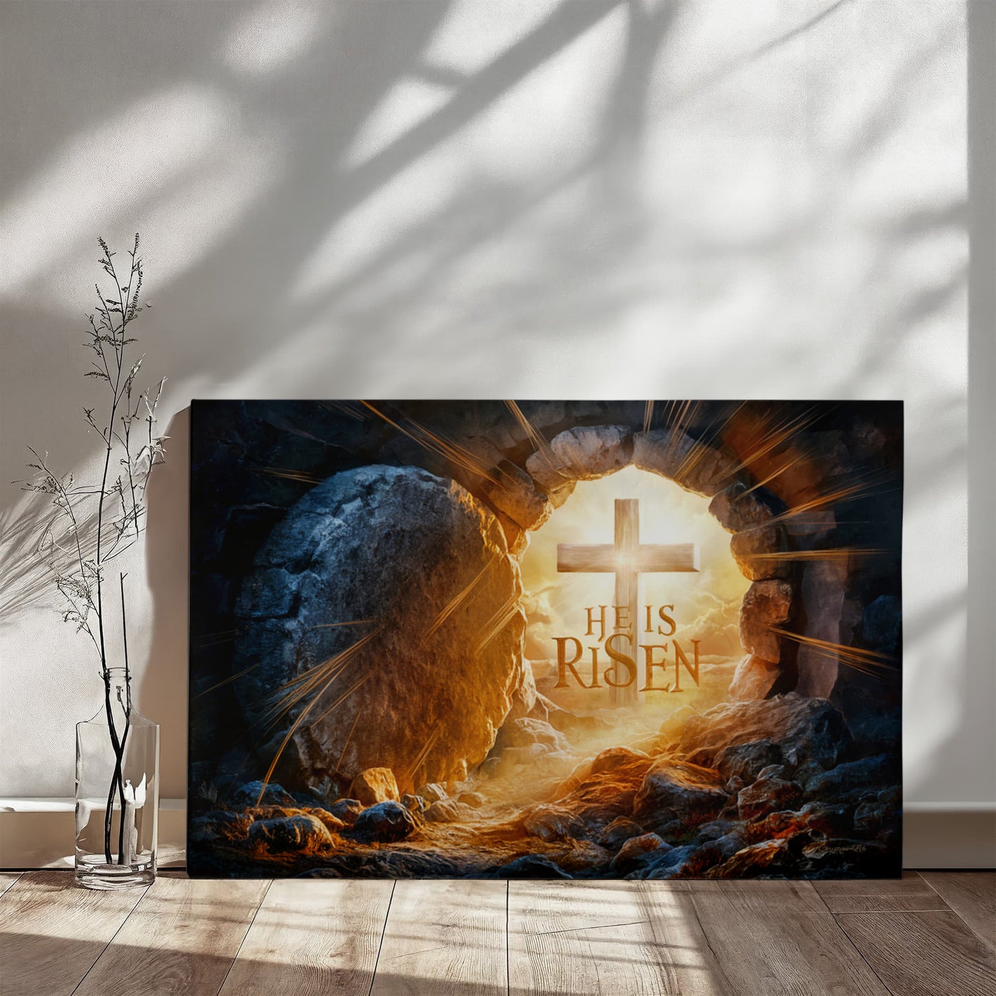 "He is Risen" -Open Tomb and Cross, Christian Gallery Wrapped Canvas, Easter Wall Art