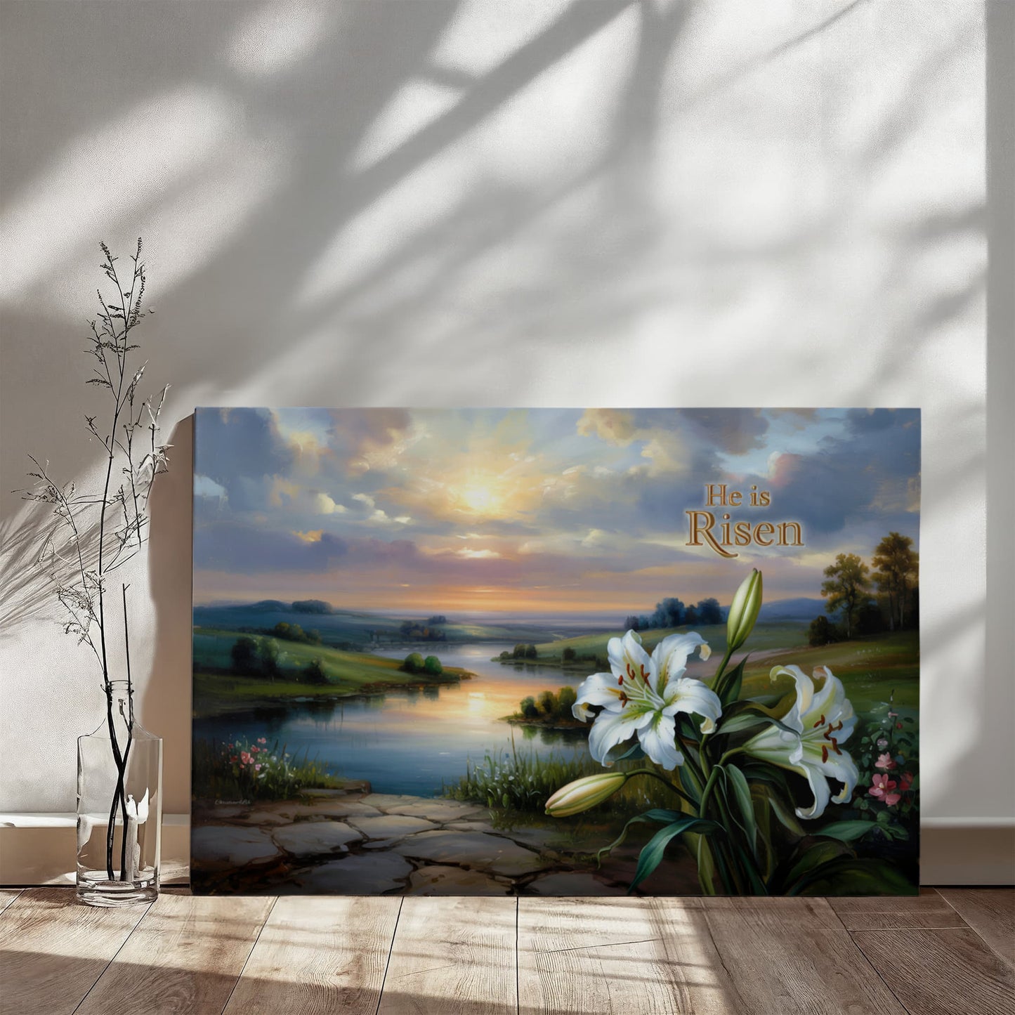 "He is Risen" - A serene sunrise landscape and lilies. Christian Easter wall art, Gallery wrapped Canvas Print