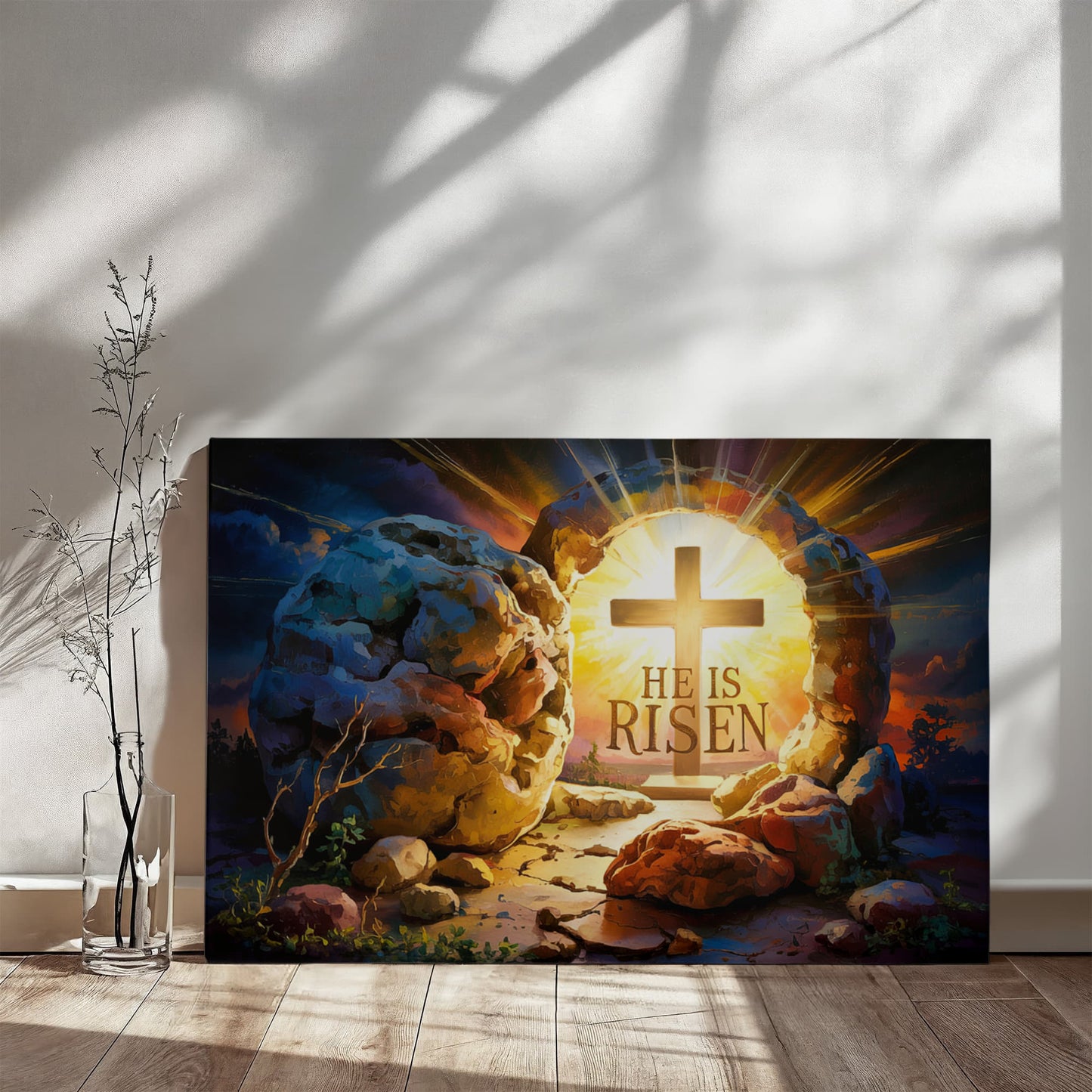 "He is Risen" - Open Tomb and Cross, Christian Gallery Wrapped Canvas, Easter Wall Art Print
