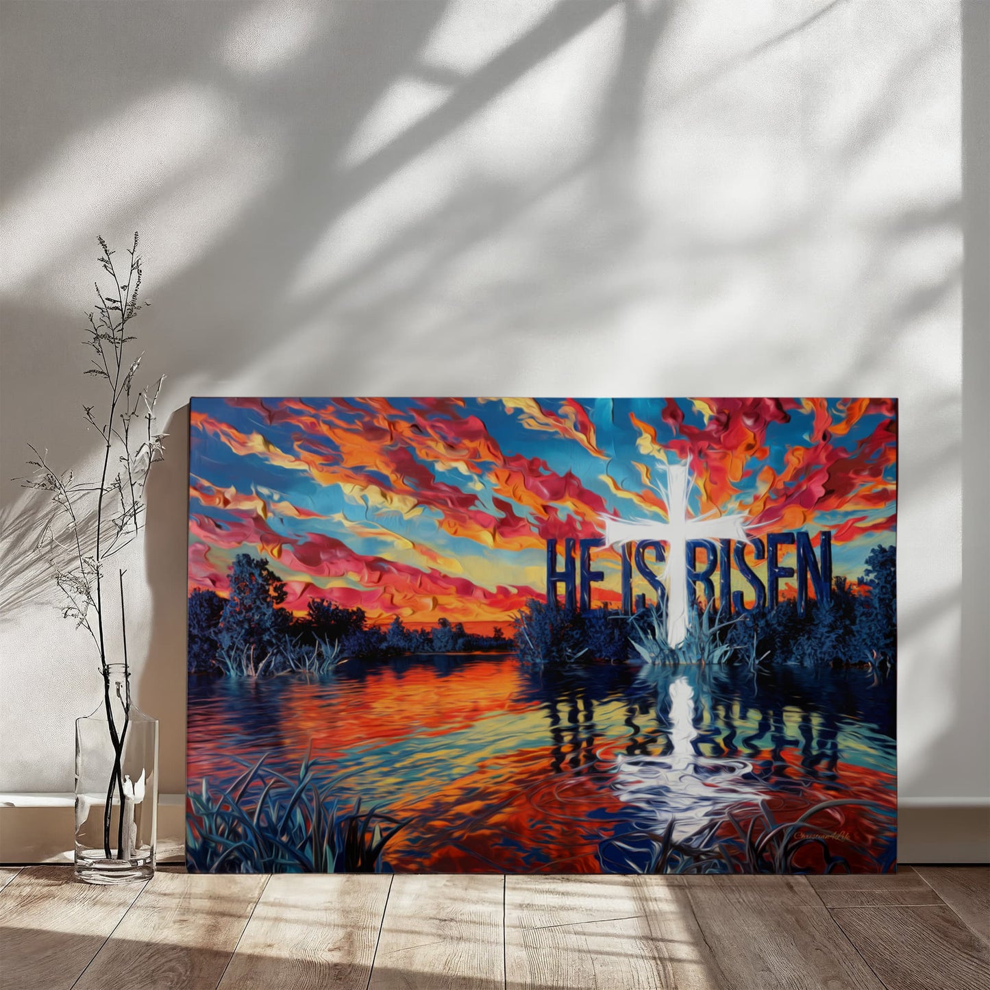 "He Is Risen" - Serene Lake Sunrise Scene with Cross Christian Gallery-Wrapped Canvas