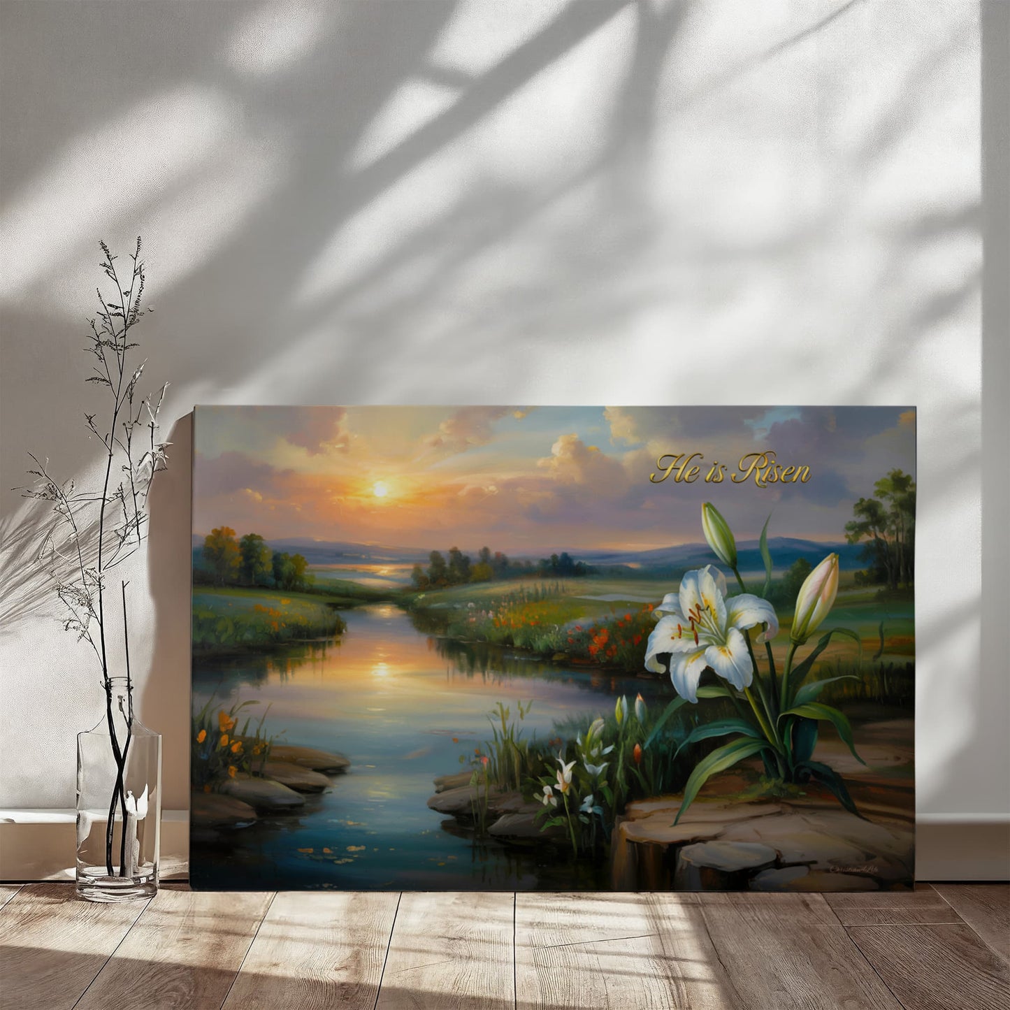 "He is Risen" - A serene sunrise landscape and lilies. Christian Easter wall art, Gallery wrapped Canvas