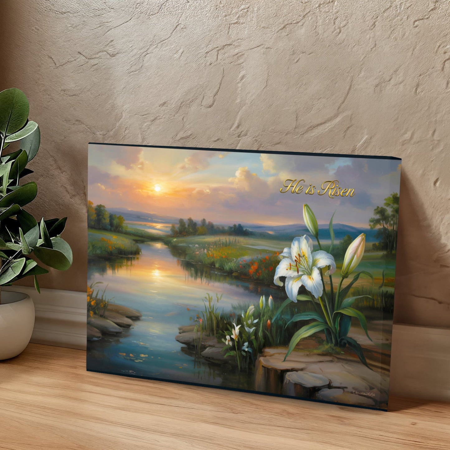 "He is Risen" - A serene sunrise landscape and lilies. Christian Easter wall art, Gallery wrapped Canvas