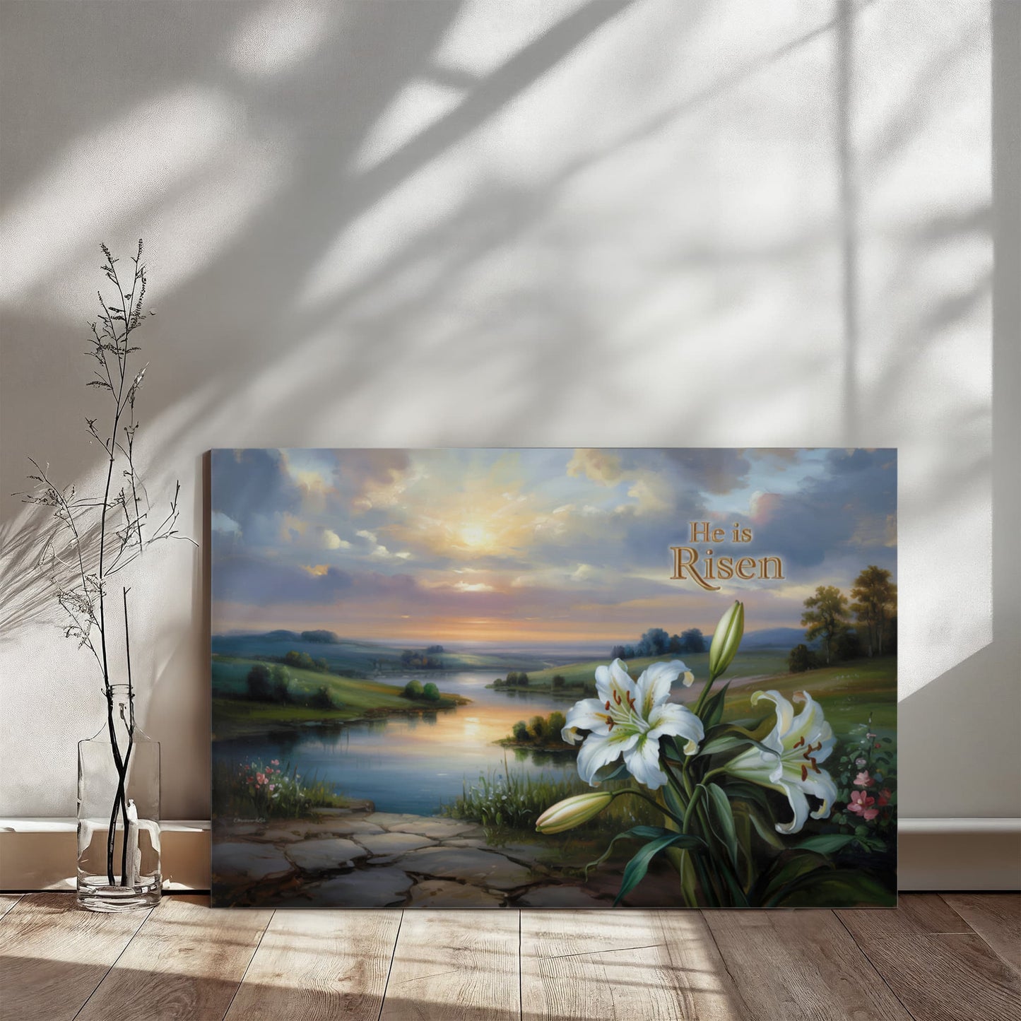 "He is Risen" - A serene sunrise landscape and lilies. Christian Easter wall art, Gallery wrapped Canvas Print
