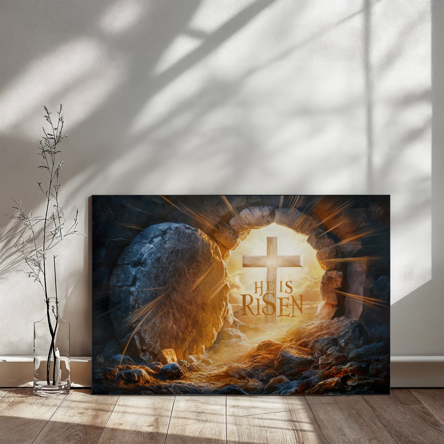 "He is Risen" -Open Tomb and Cross, Christian Gallery Wrapped Canvas, Easter Wall Art