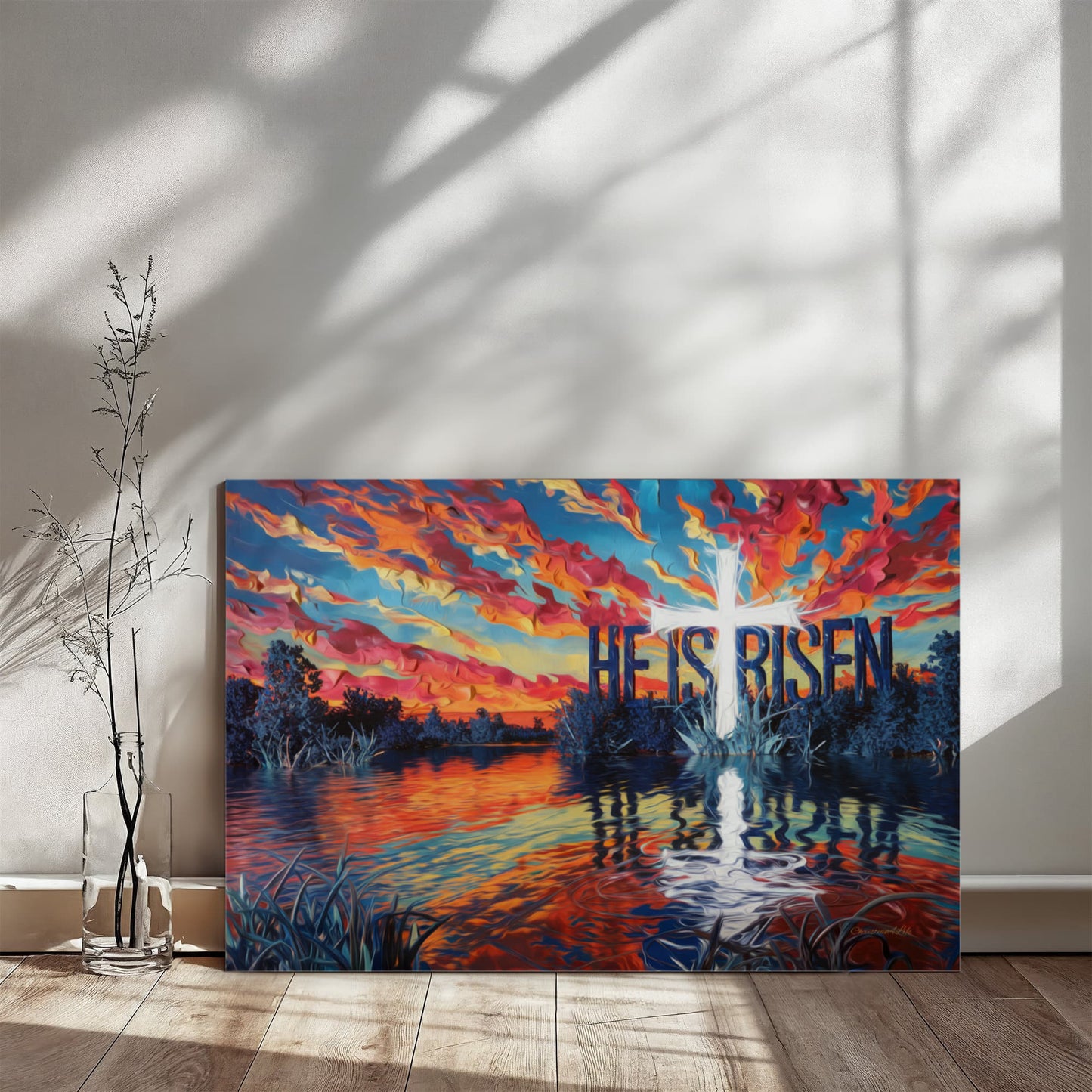 "He Is Risen" - Serene Lake Sunrise Scene with Cross Christian Gallery-Wrapped Canvas