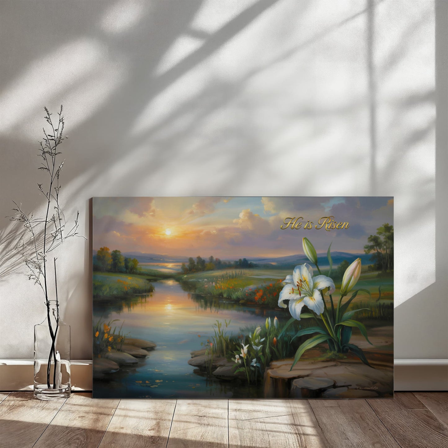 "He is Risen" - A serene sunrise landscape and lilies. Christian Easter wall art, Gallery wrapped Canvas