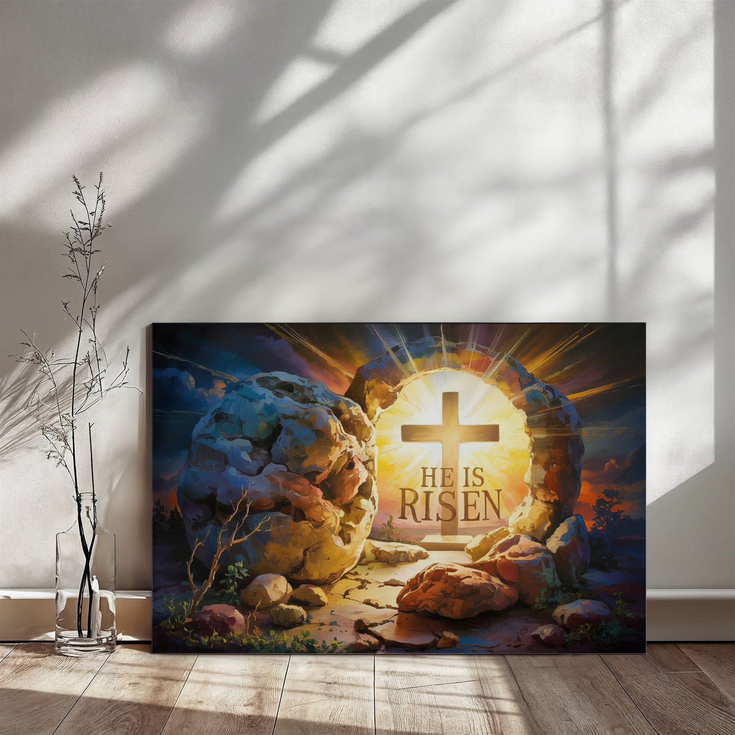 "He is Risen" - Open Tomb and Cross, Christian Gallery Wrapped Canvas, Easter Wall Art Print