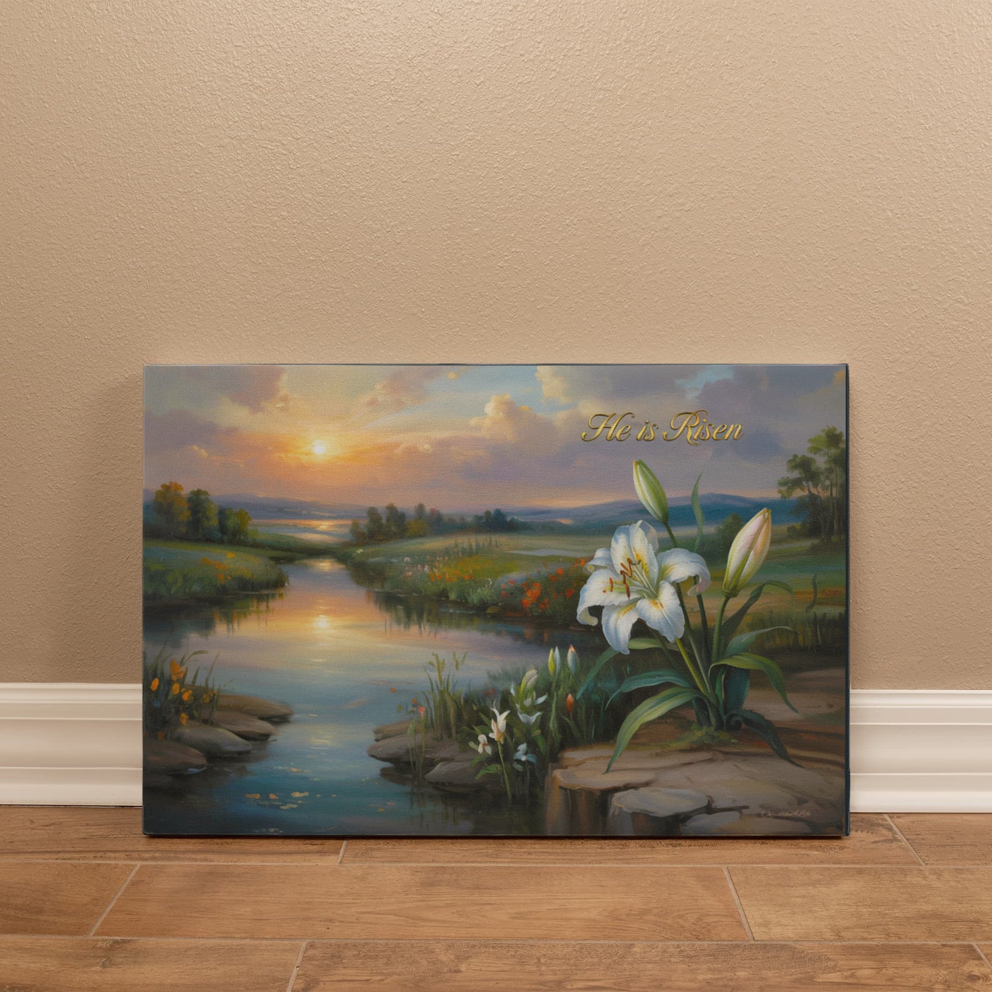 "He is Risen" - A serene sunrise landscape and lilies. Christian Easter wall art, Gallery wrapped Canvas