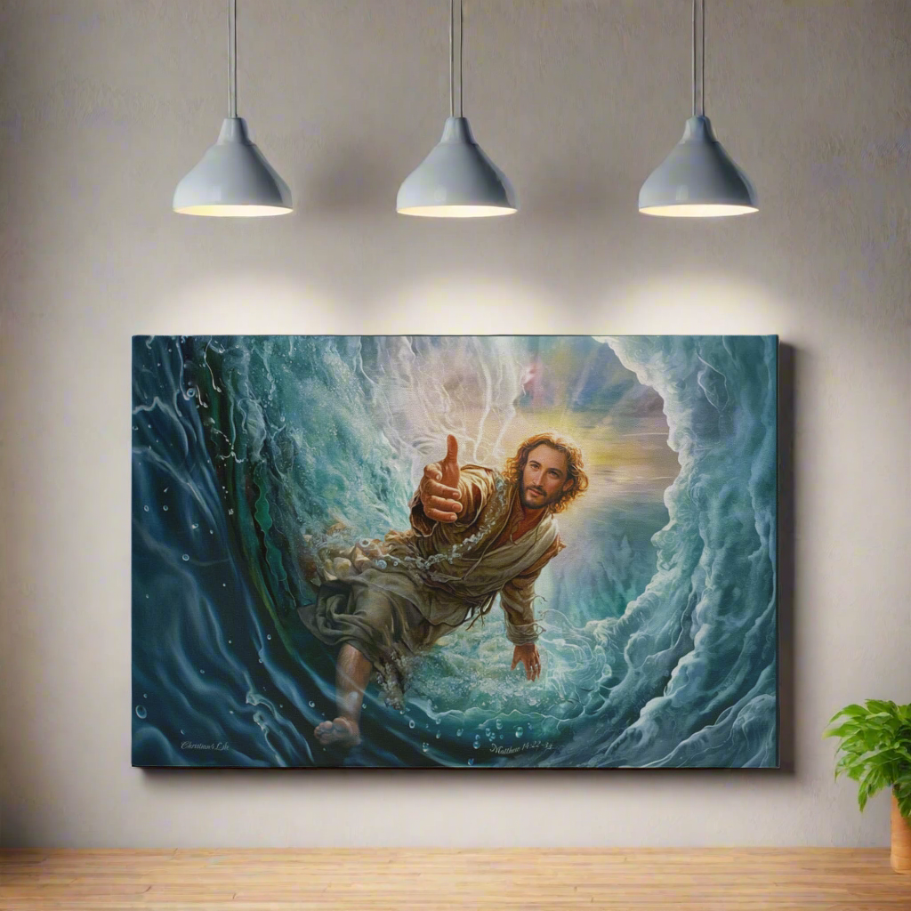 Jesus Reaches Down to Rescue and Lift You Out of the Water - Christian Gallery Wrapped Canvas Wall Art Print
