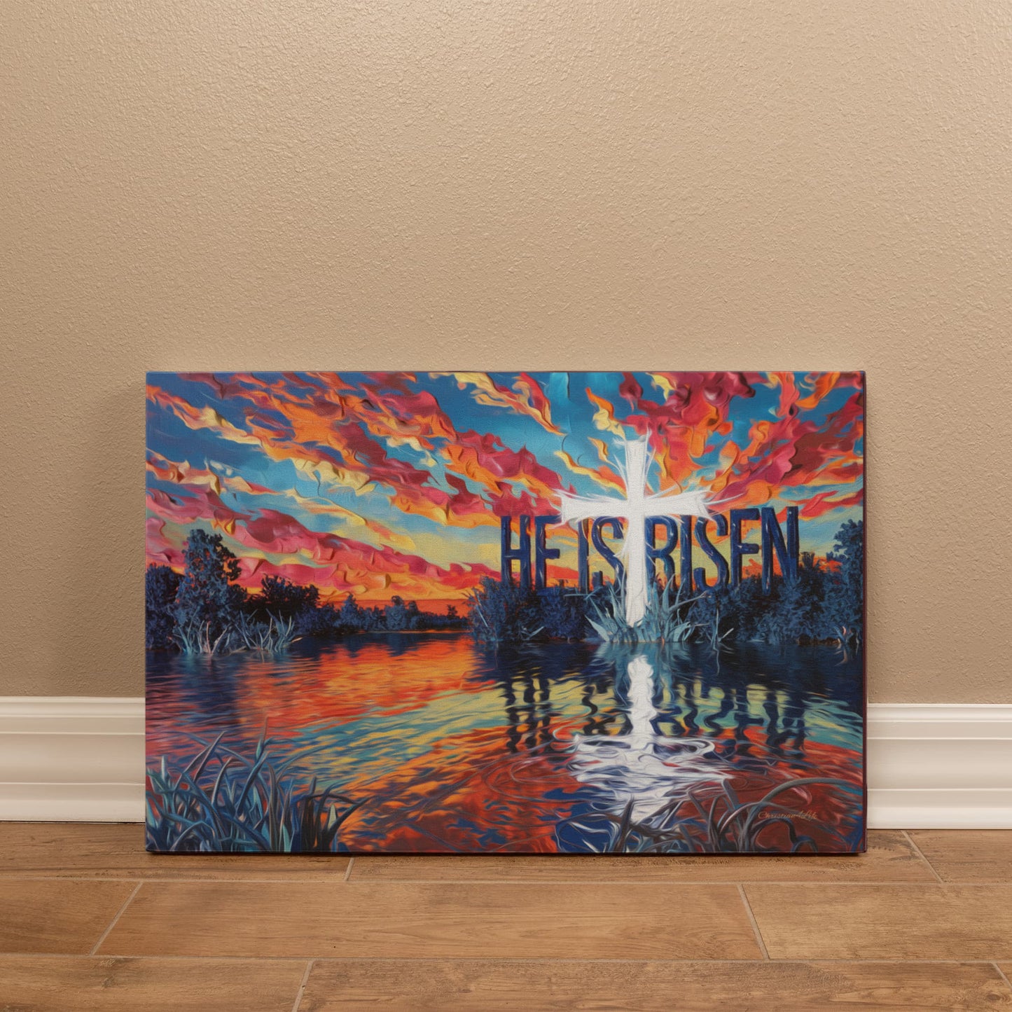"He Is Risen" - Serene Lake Sunrise Scene with Cross Christian Gallery-Wrapped Canvas