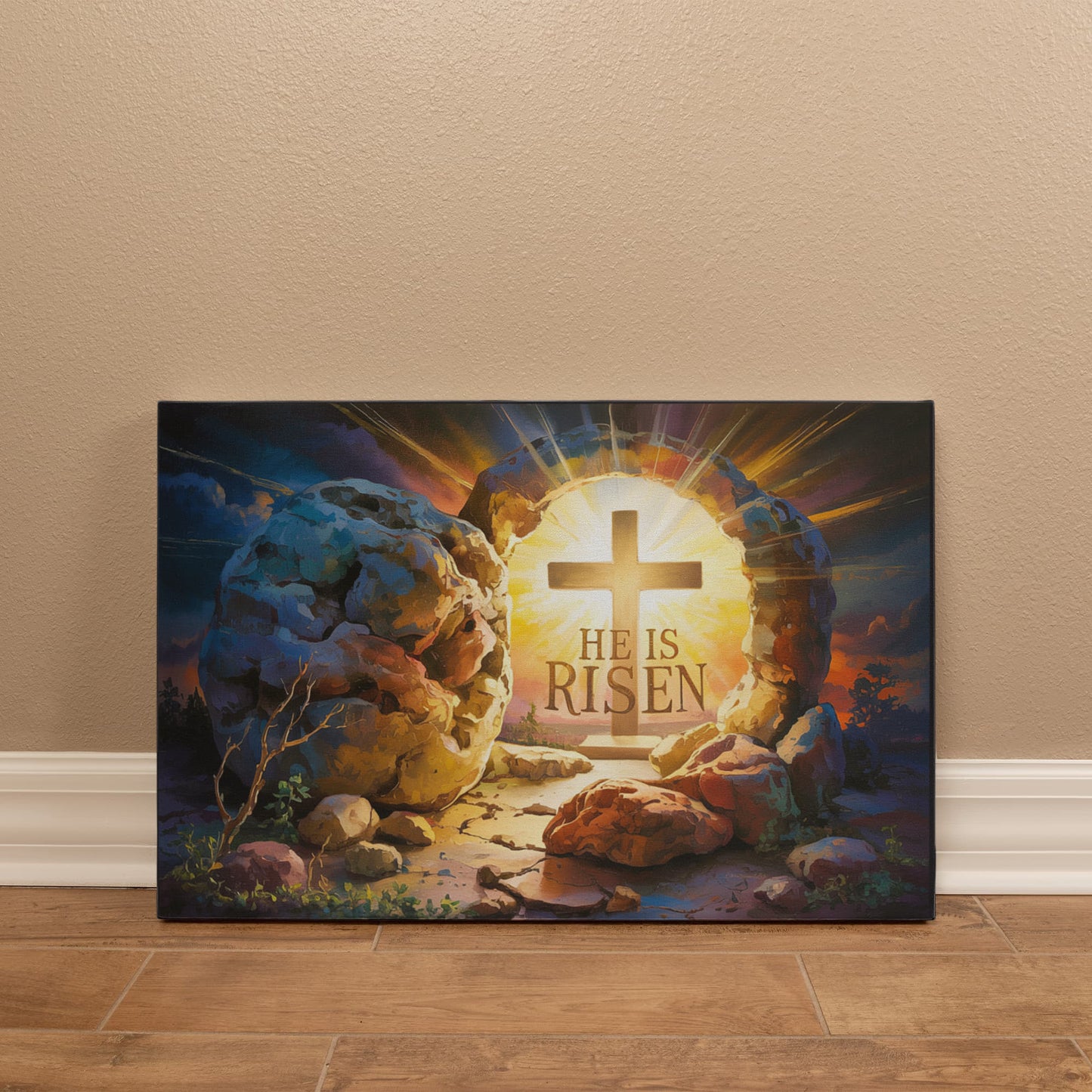 "He is Risen" - Open Tomb and Cross, Christian Gallery Wrapped Canvas, Easter Wall Art Print