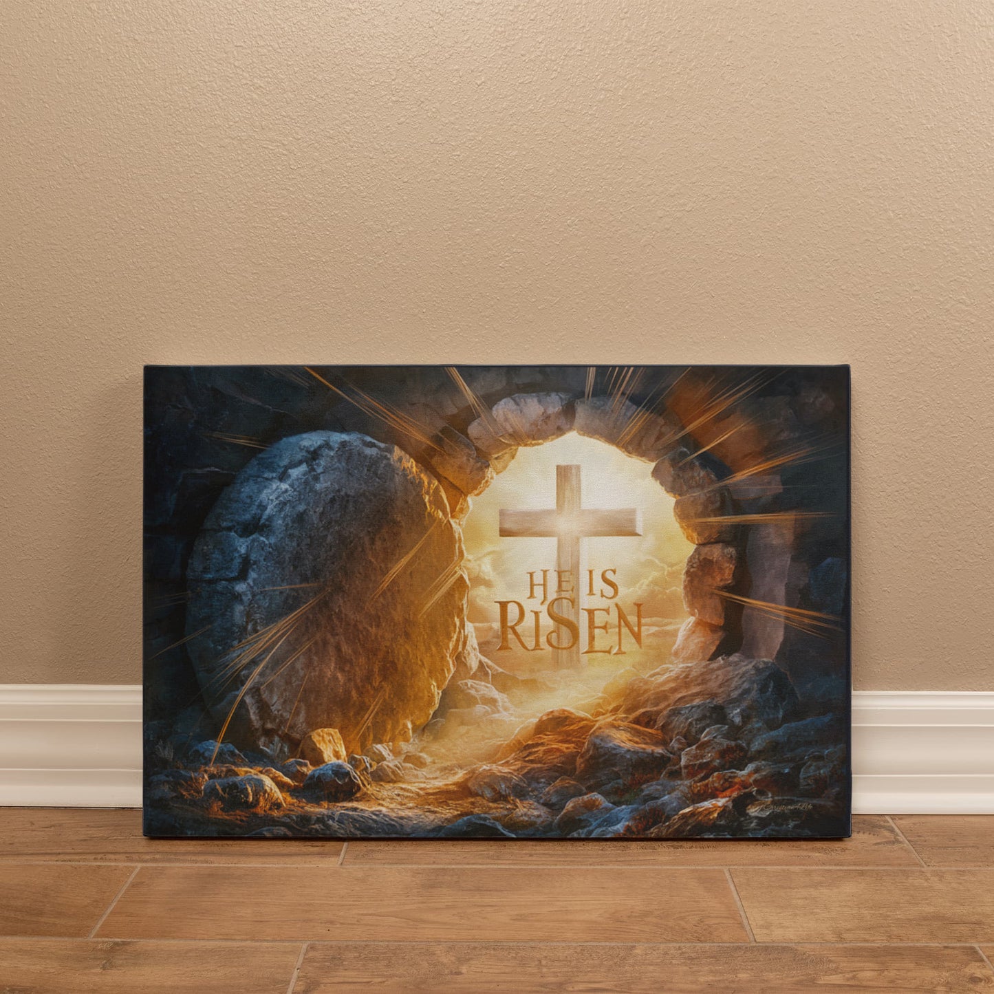 "He is Risen" -Open Tomb and Cross, Christian Gallery Wrapped Canvas, Easter Wall Art