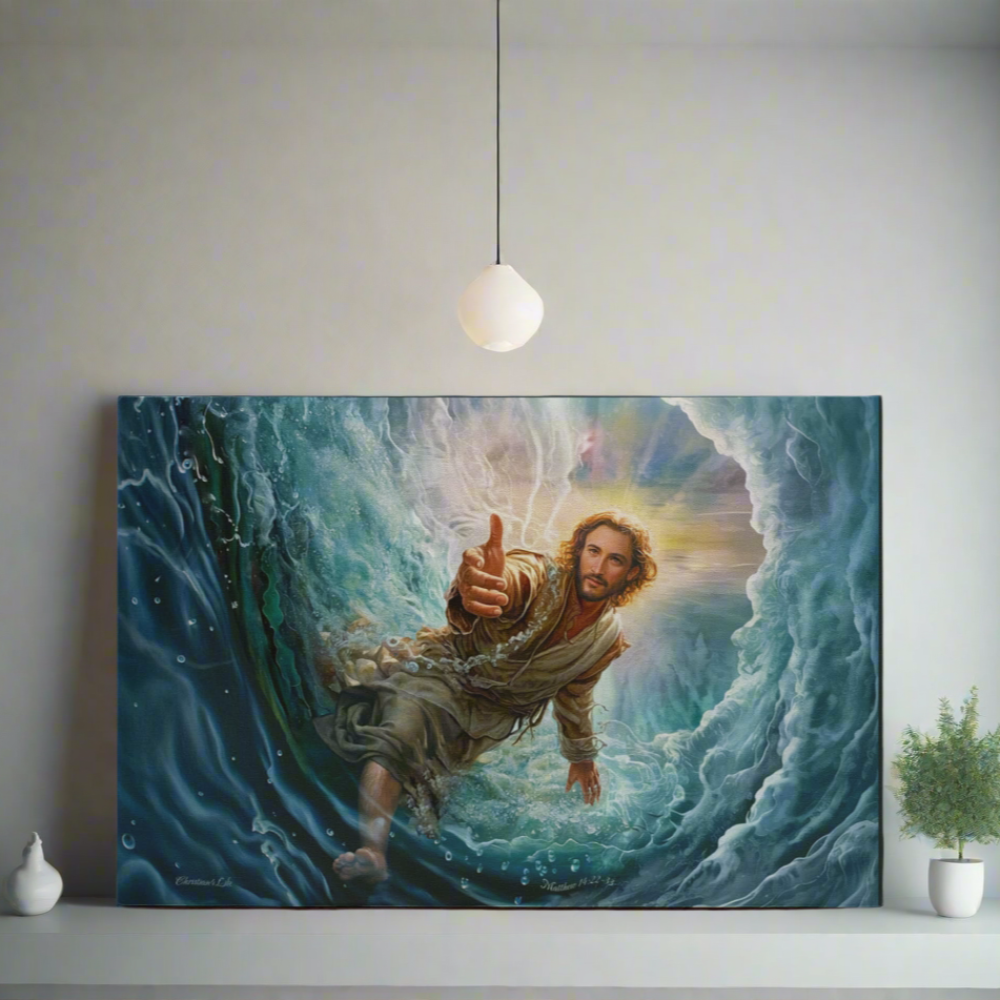 Jesus Reaches Down to Rescue and Lift You Out of the Water - Christian Gallery Wrapped Canvas Wall Art Print