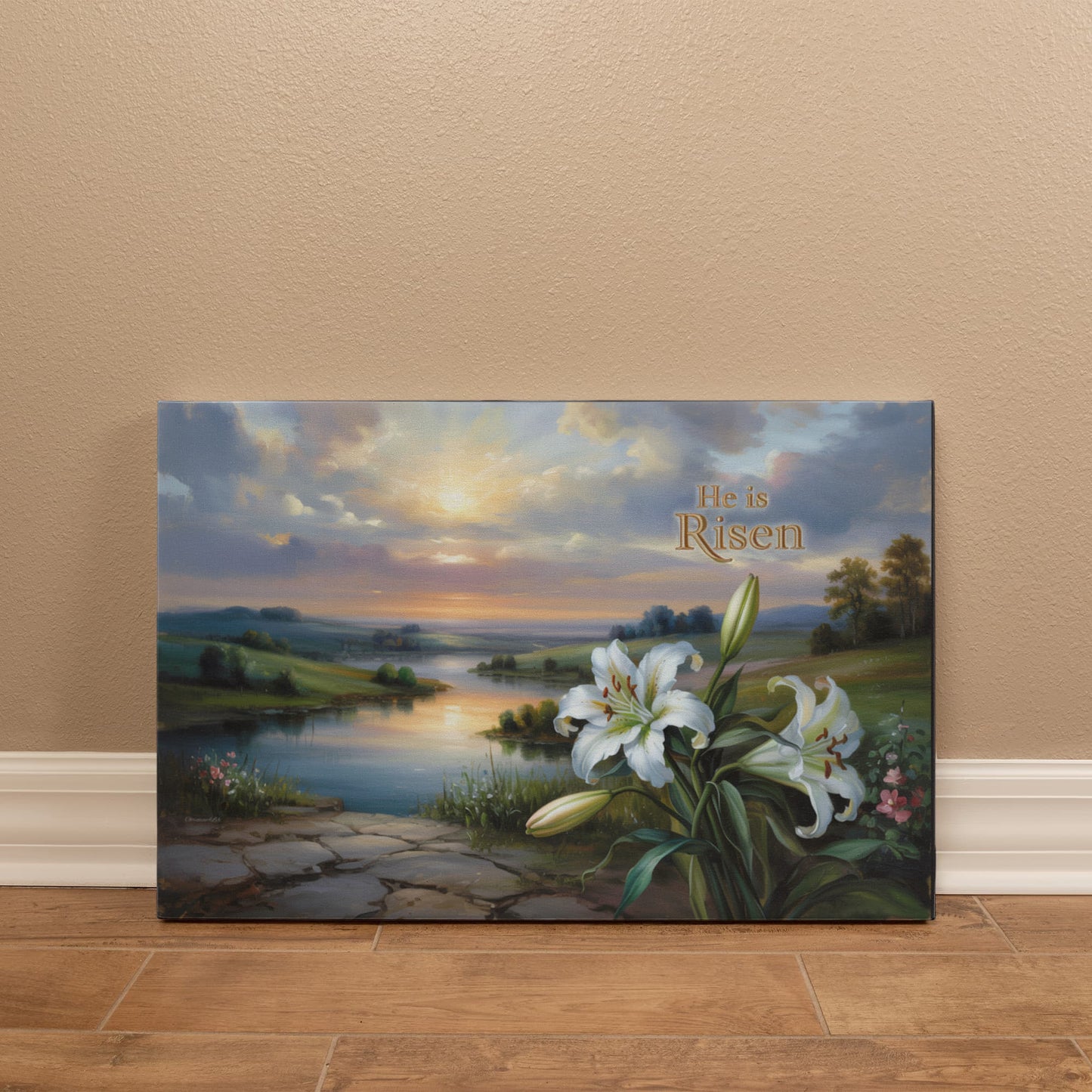 "He is Risen" - A serene sunrise landscape and lilies. Christian Easter wall art, Gallery wrapped Canvas Print