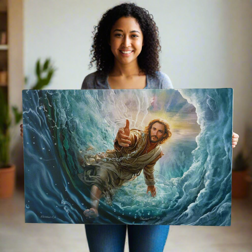 Jesus Reaches Down to Rescue and Lift You Out of the Water - Christian Gallery Wrapped Canvas Wall Art Print