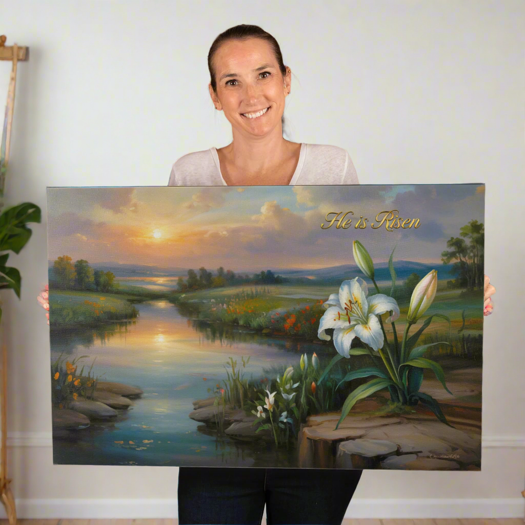 "He is Risen" - A serene sunrise landscape and lilies. Christian Easter wall art, Gallery wrapped Canvas