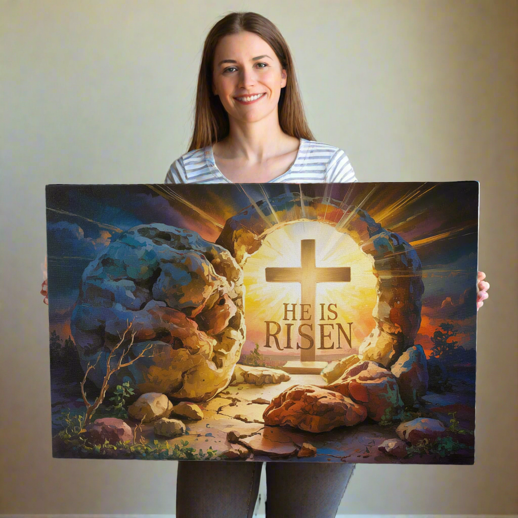 "He is Risen" - Open Tomb and Cross, Christian Gallery Wrapped Canvas, Easter Wall Art Print