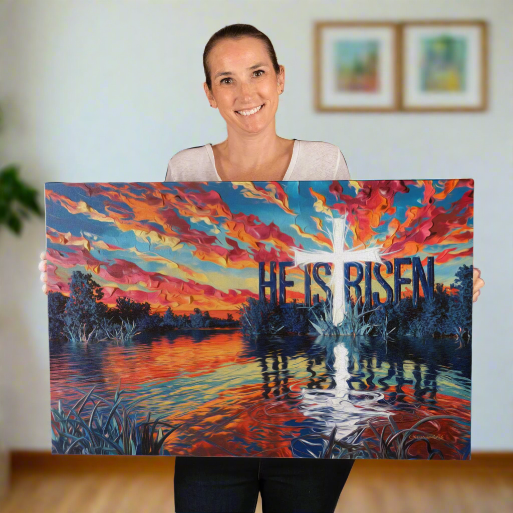 "He Is Risen" - Serene Lake Sunrise Scene with Cross Christian Gallery-Wrapped Canvas