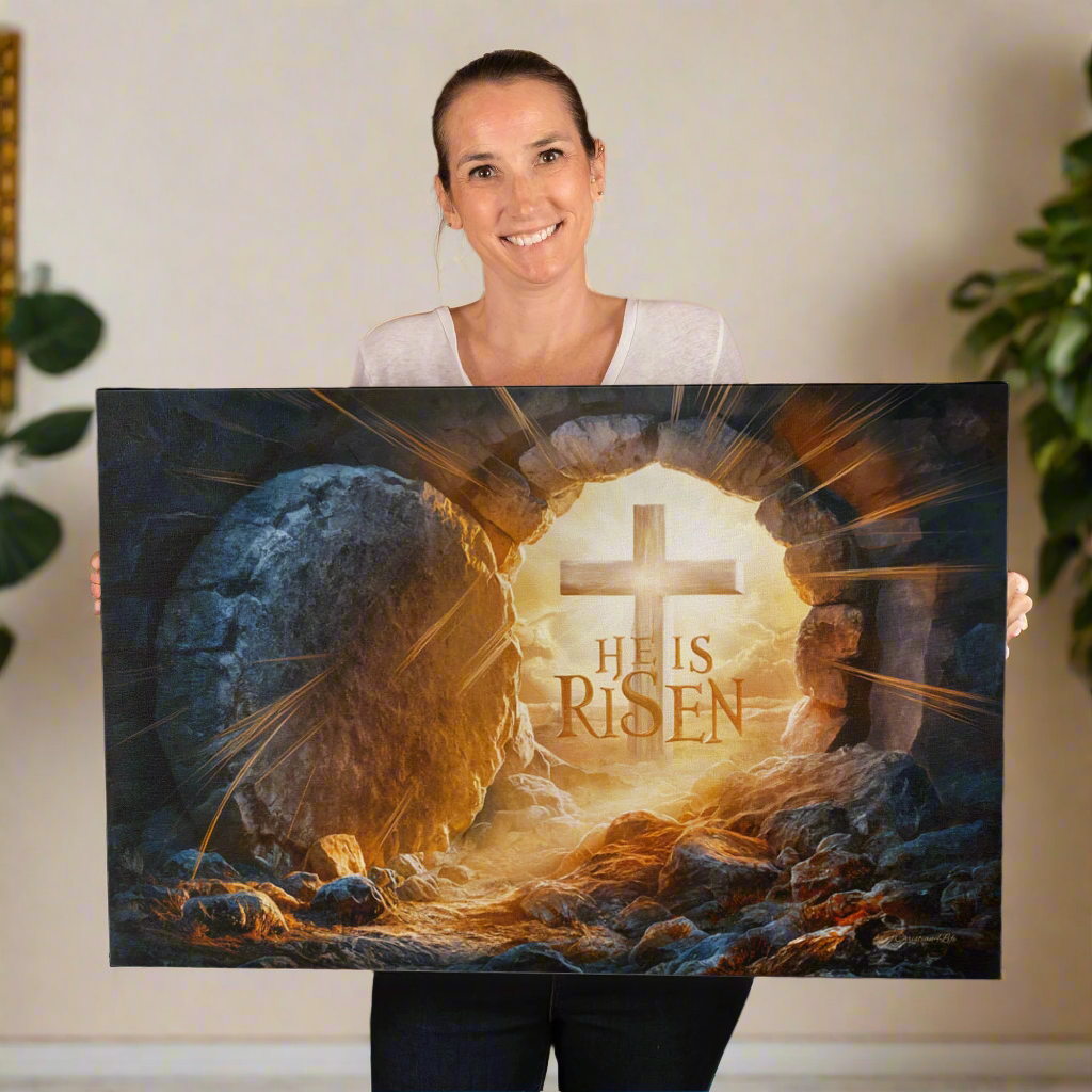 "He is Risen" -Open Tomb and Cross, Christian Gallery Wrapped Canvas, Easter Wall Art