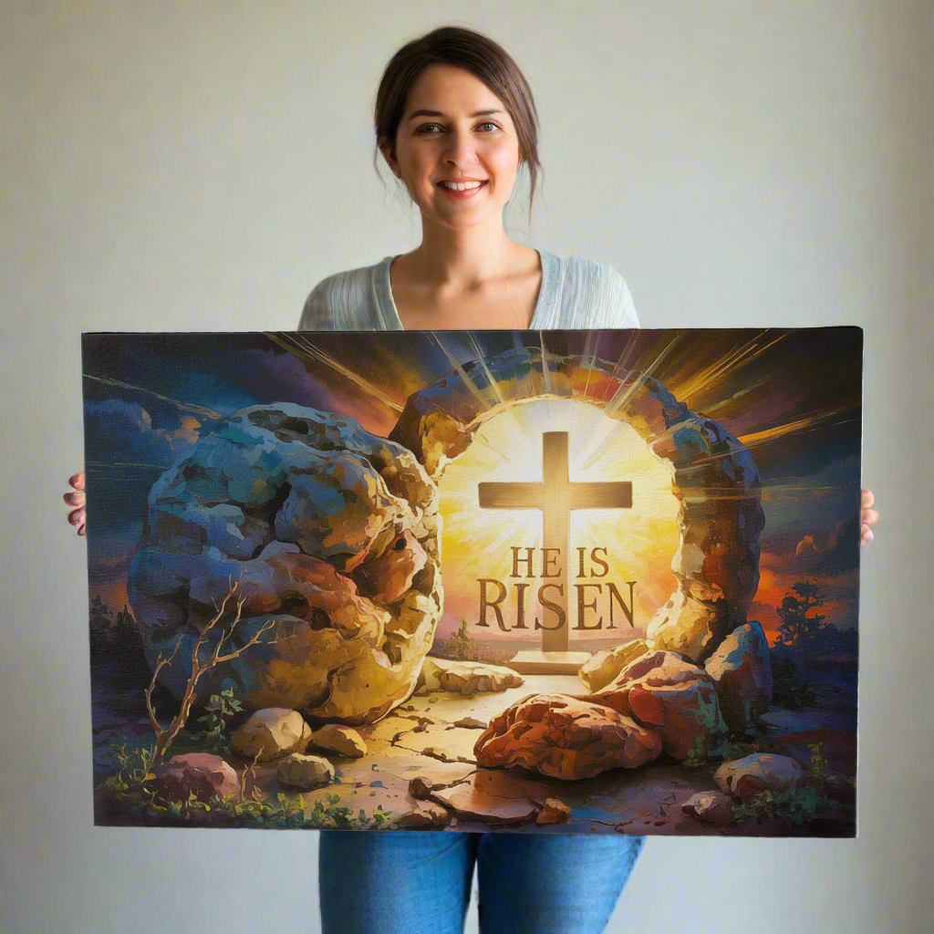 "He is Risen" - Open Tomb and Cross, Christian Gallery Wrapped Canvas, Easter Wall Art Print