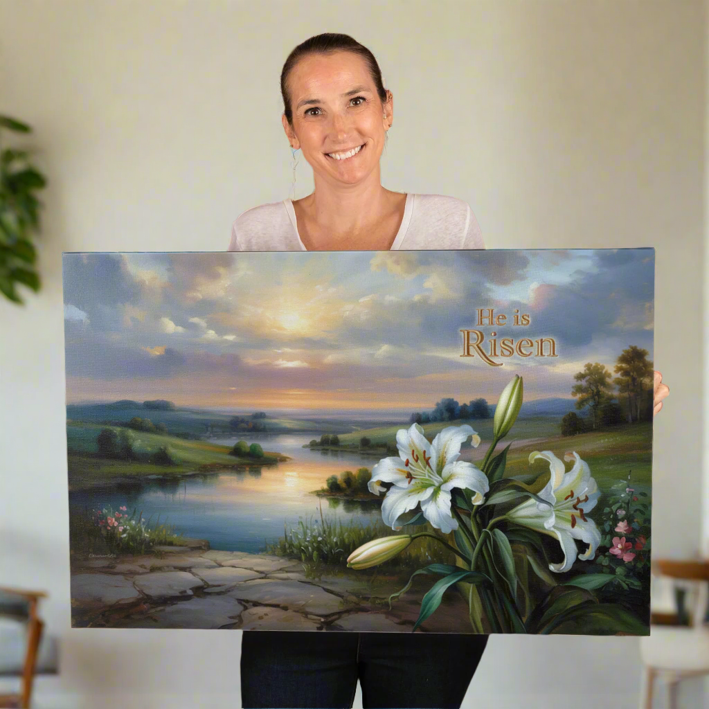"He is Risen" - A serene sunrise landscape and lilies. Christian Easter wall art, Gallery wrapped Canvas Print