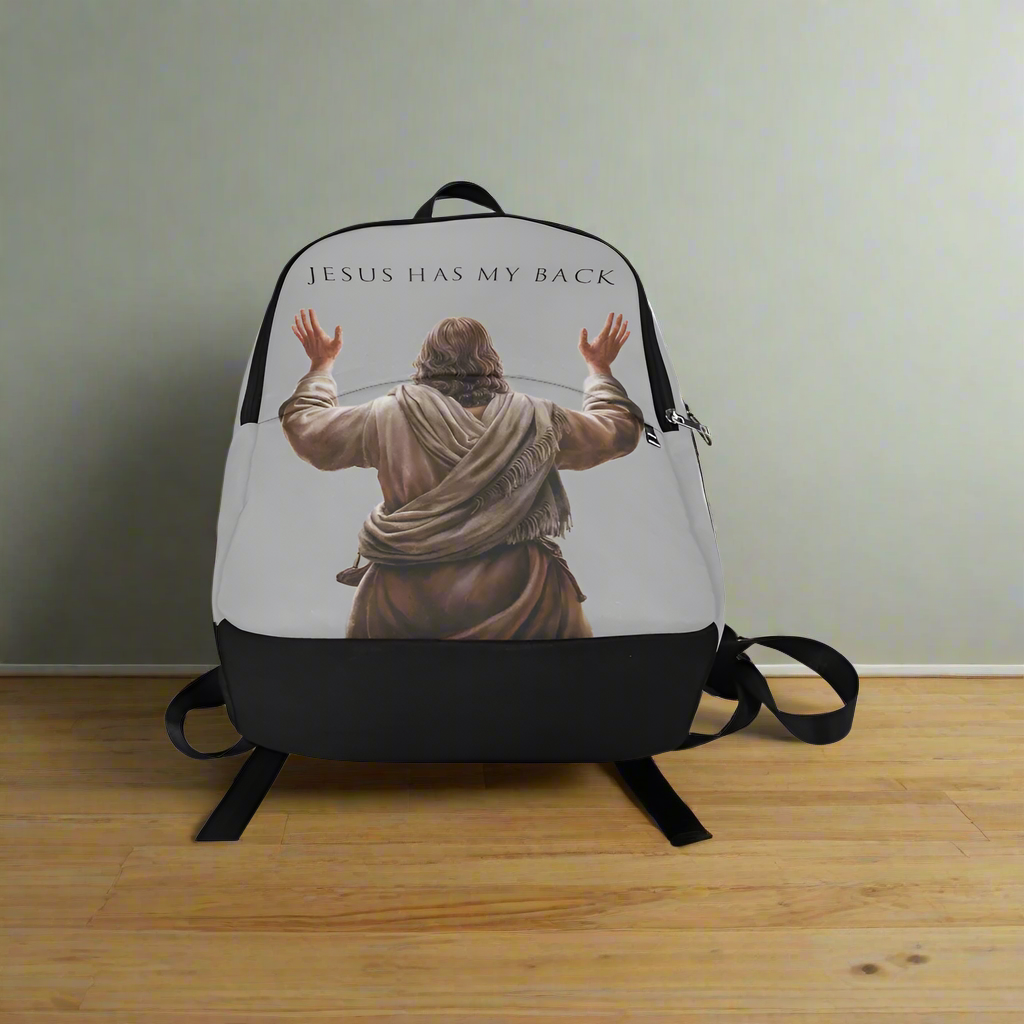 "Jesus Has My Back" Graphic design Christian Backpack (Choose Grey Shade)