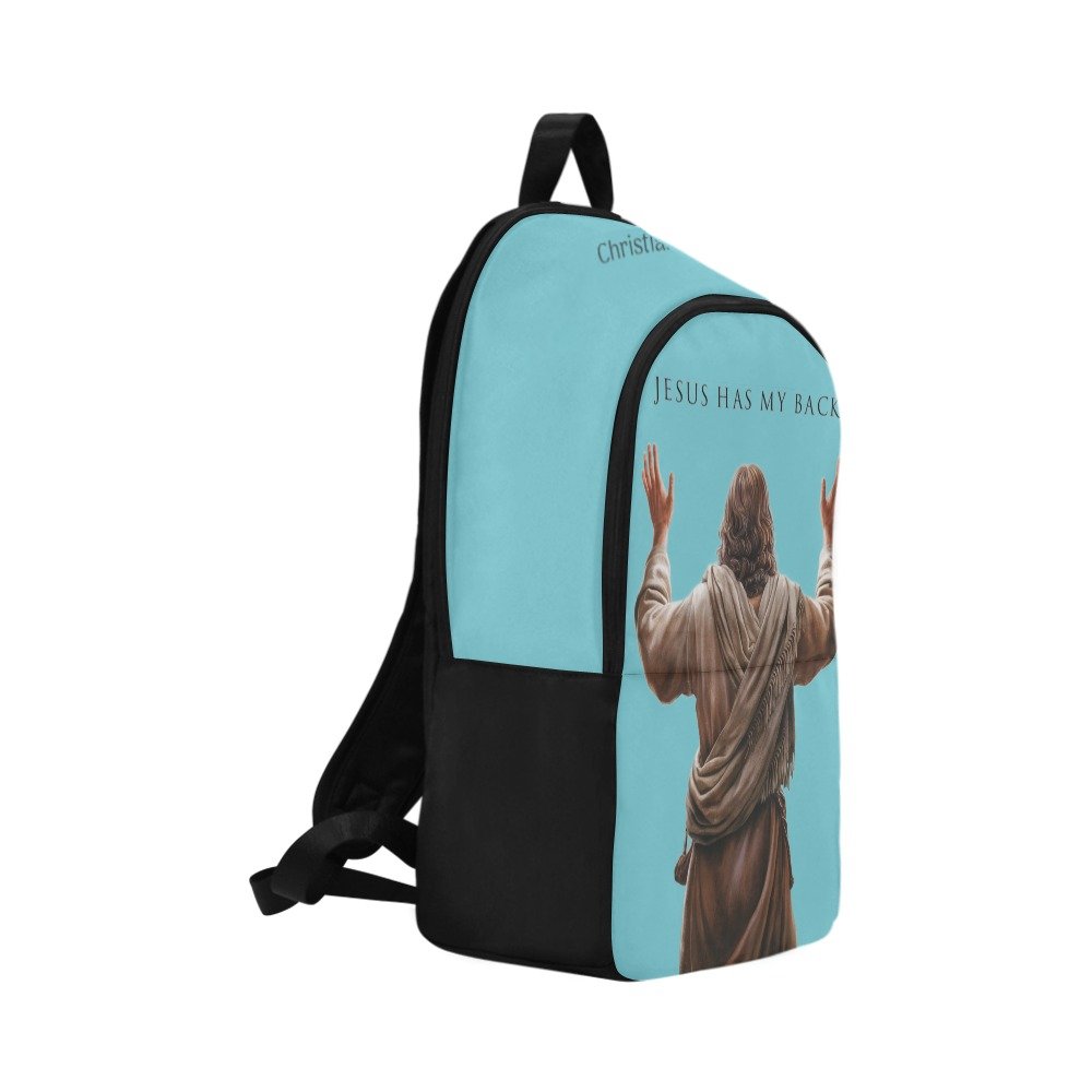 "Jesus Has My Back" Christian Backpack-Black Side Accent (Choose Green or Blue shades)