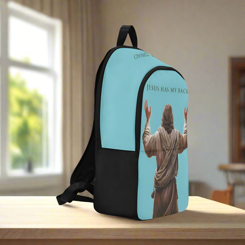 "Jesus Has My Back" Christian Backpack-Black Side Accent (Choose Green or Blue shades)