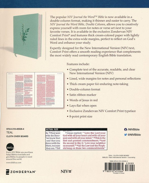 Niv, Journal the Word Bible, Double-Column, Cloth Over Board, Teal, Red Letter Edition, Comfort Print: Reflect, Take Notes, or Create Art Next to Your - Hardcover