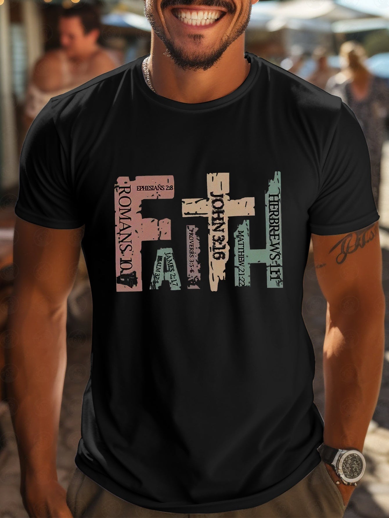 Men’s Casual Round Neck T-shirt - Faith With Inspirational Bible Scripture Print - T-Shirt