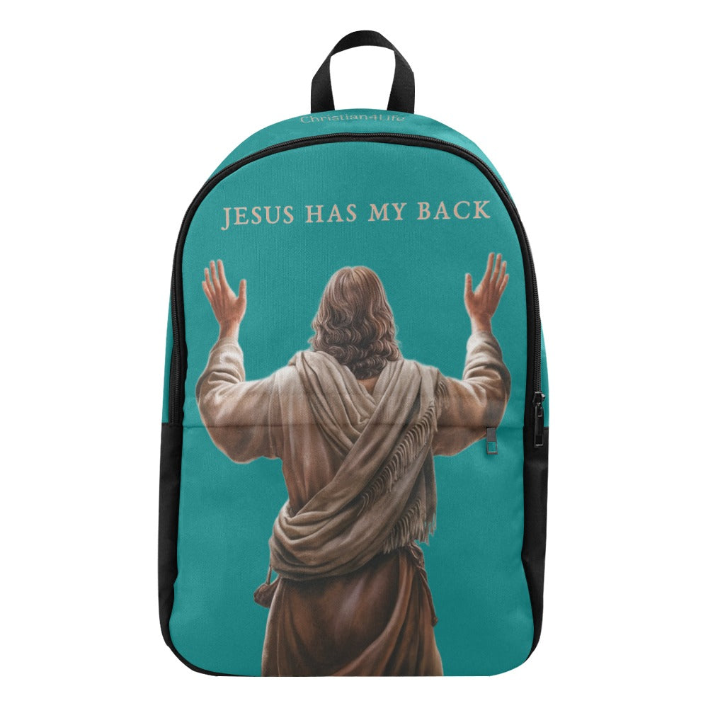 "Jesus Has My Back" Christian Backpack-Black Side Accent (Choose Green or Blue shades)