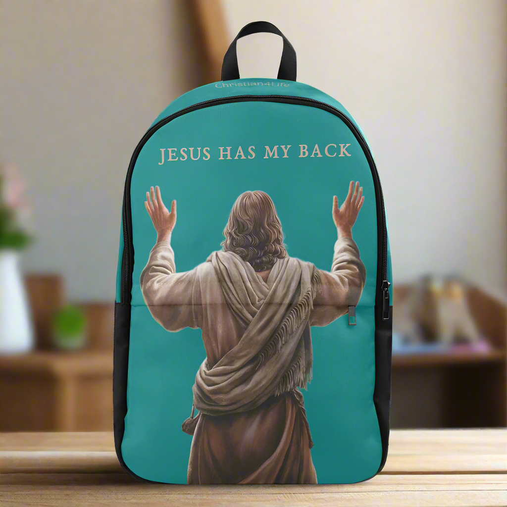 "Jesus Has My Back" Christian Backpack-Black Side Accent (Choose Green or Blue shades)